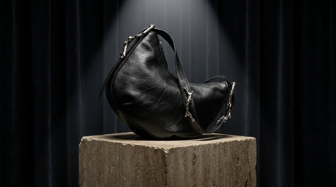 Frame 11A — the black leather bag on its travertine plinth, lit from above.