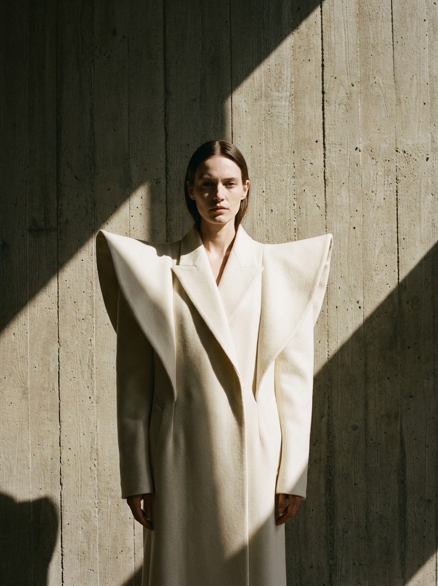 Model in an ivory double-face wool coat with exaggerated architectural shoulders, standing against board-formed concrete in raking morning light.