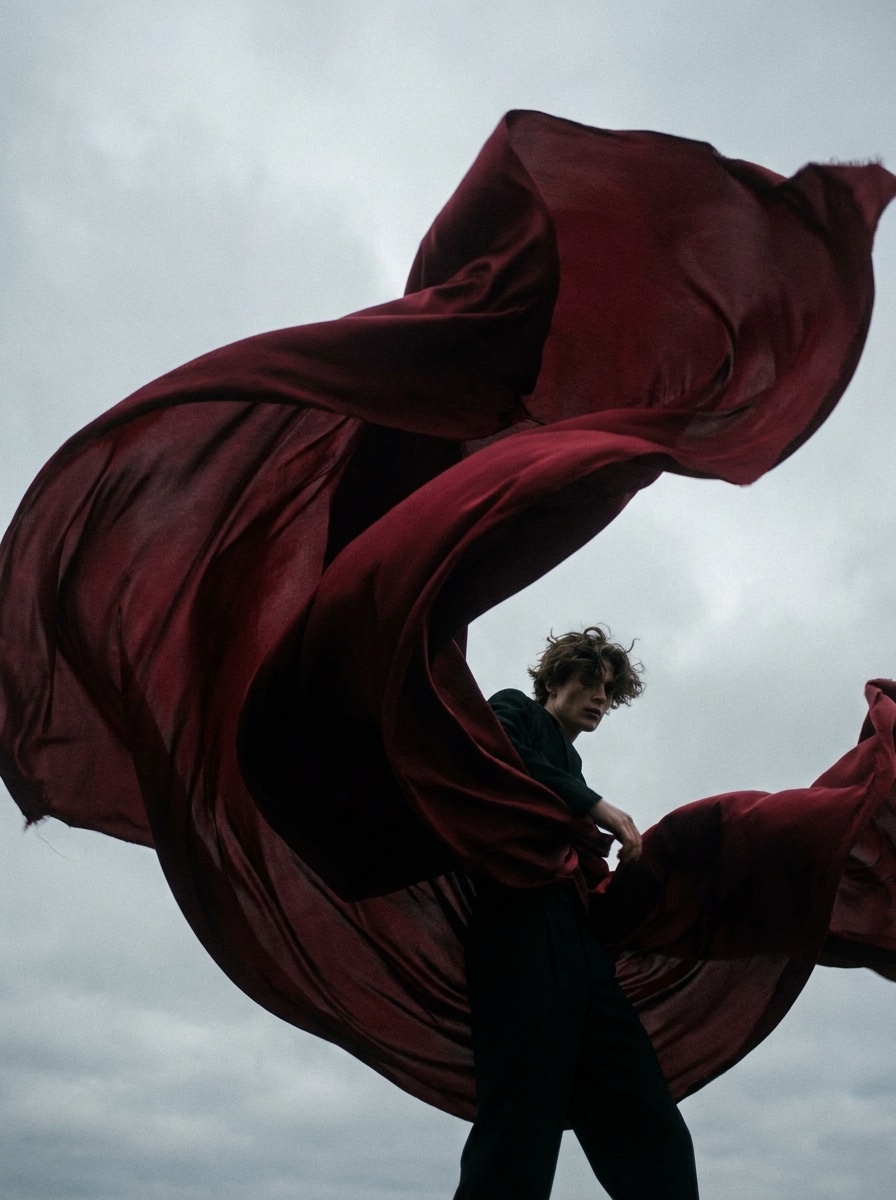 Frame 07A — six metres of crimson silk caught by the first gust.